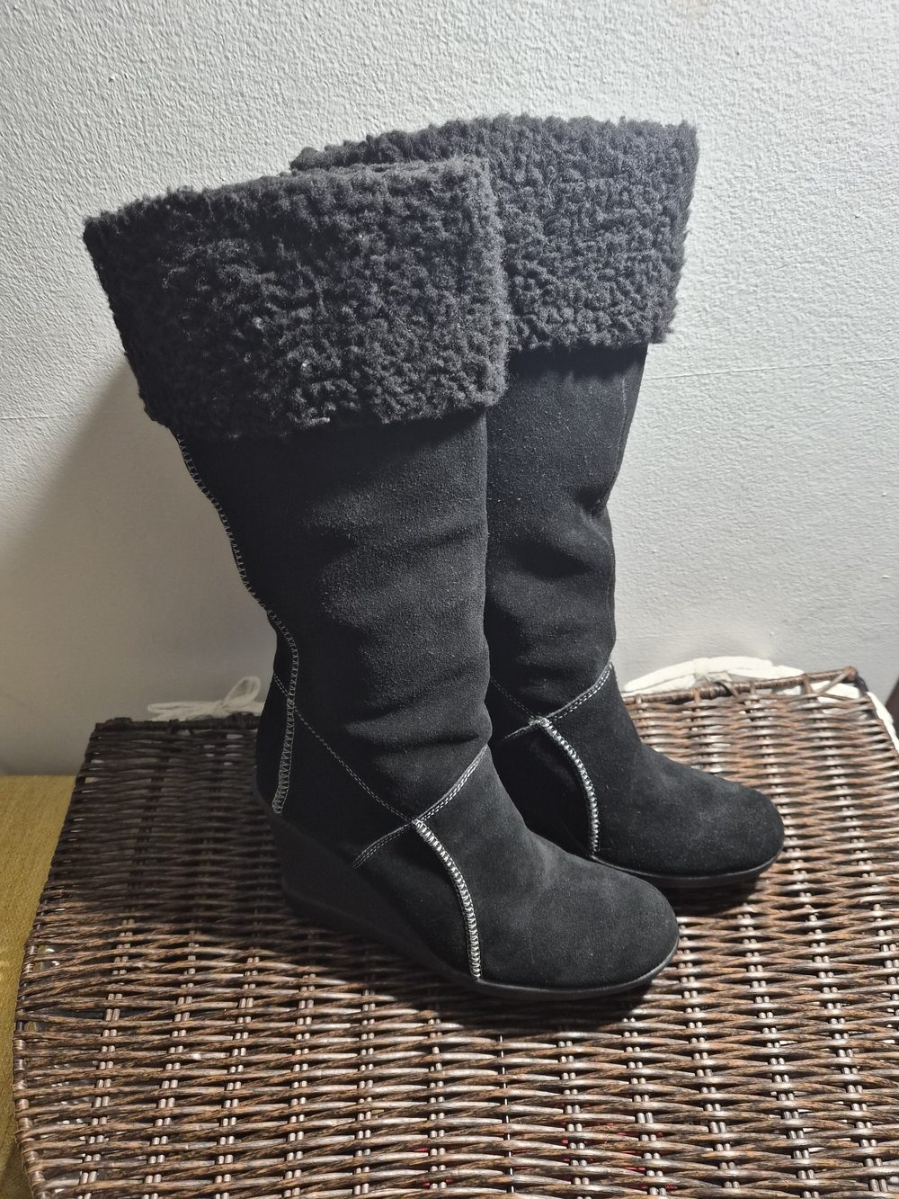 Kenneth Cole Reaction Black Faux Shearling Fold-Over Wedge Boots